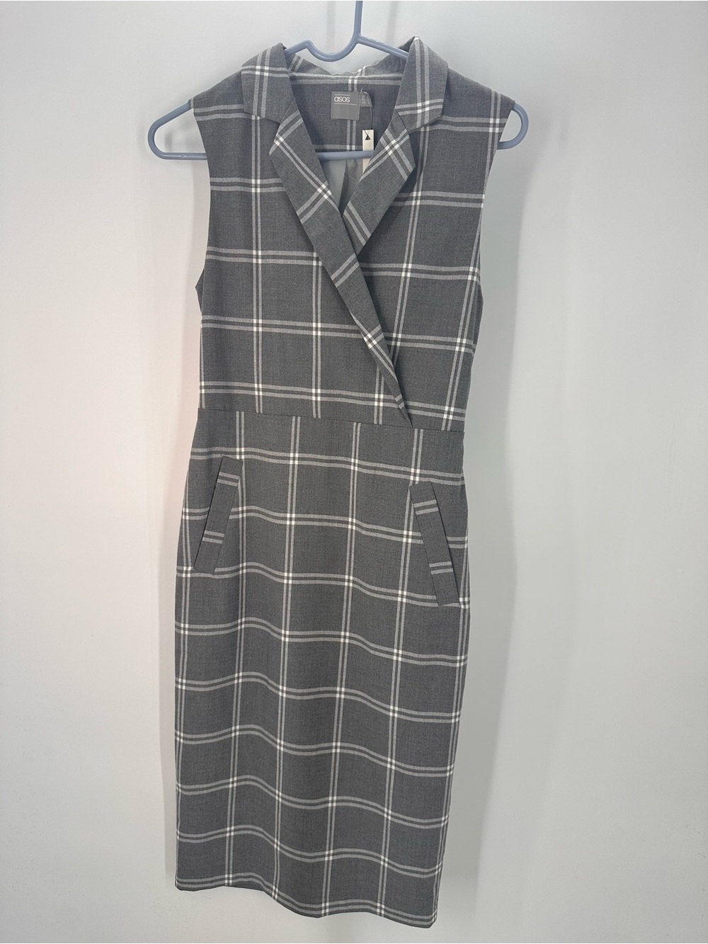 Women’s Grey Plaid Sleeveless Blazer Dress with Shawl Collar from ASOS Design.